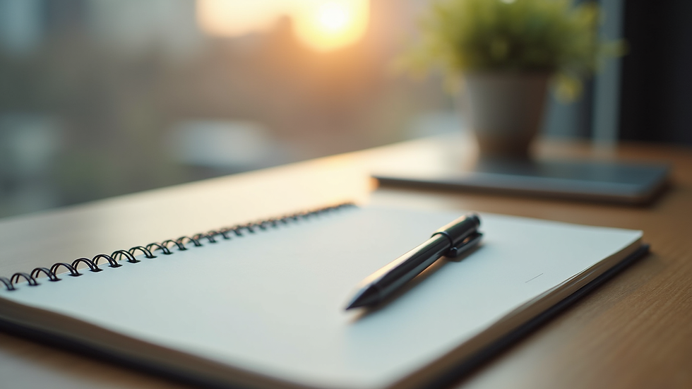 Eye-level view of a serene workspace with a notebook and pen