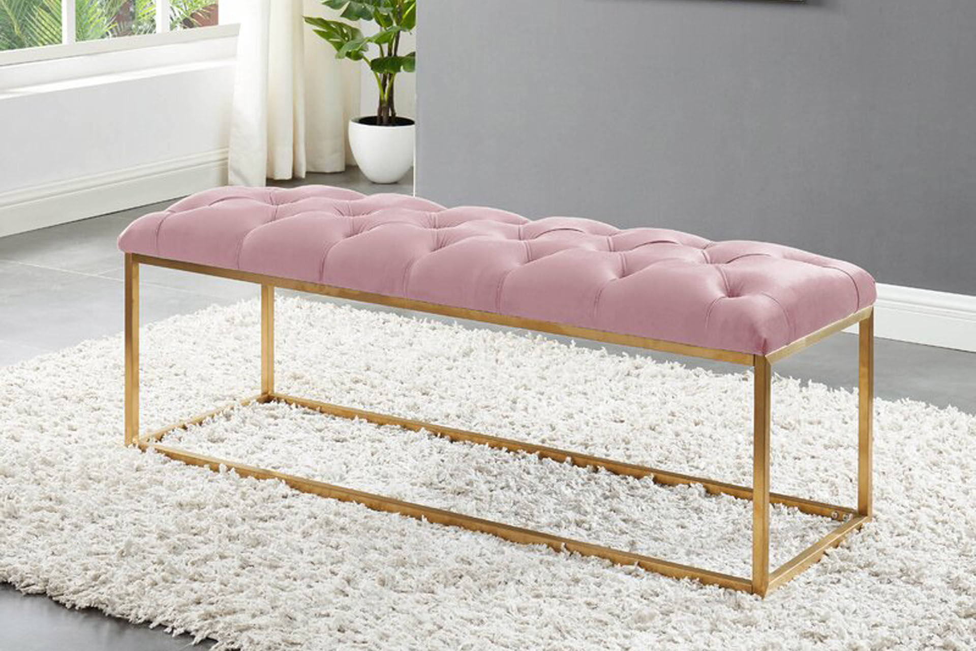 Deluxe Kapitoneli Bench Pembe-Gold