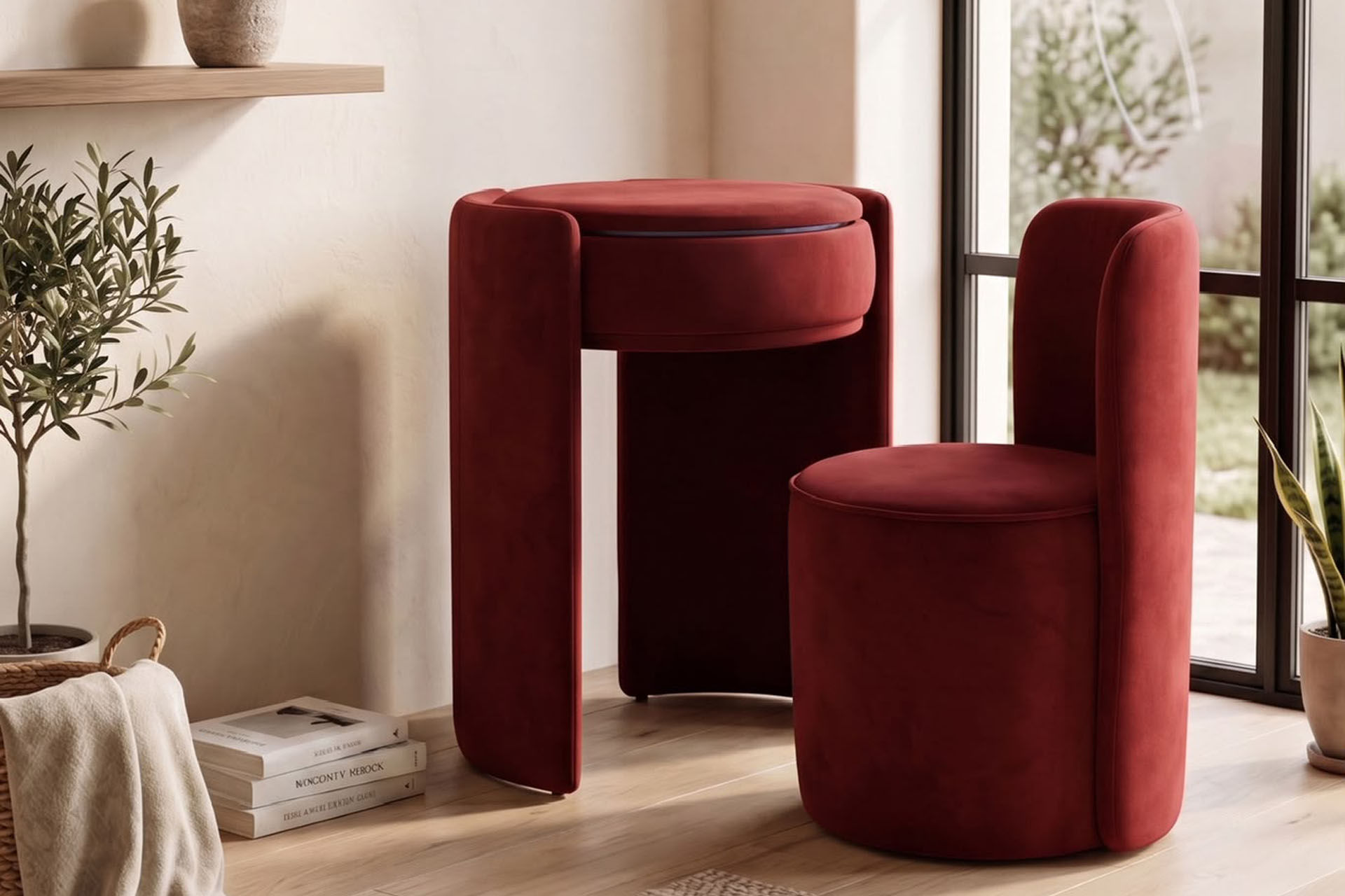 İntense Puflu Makyaj Masası Bordo
