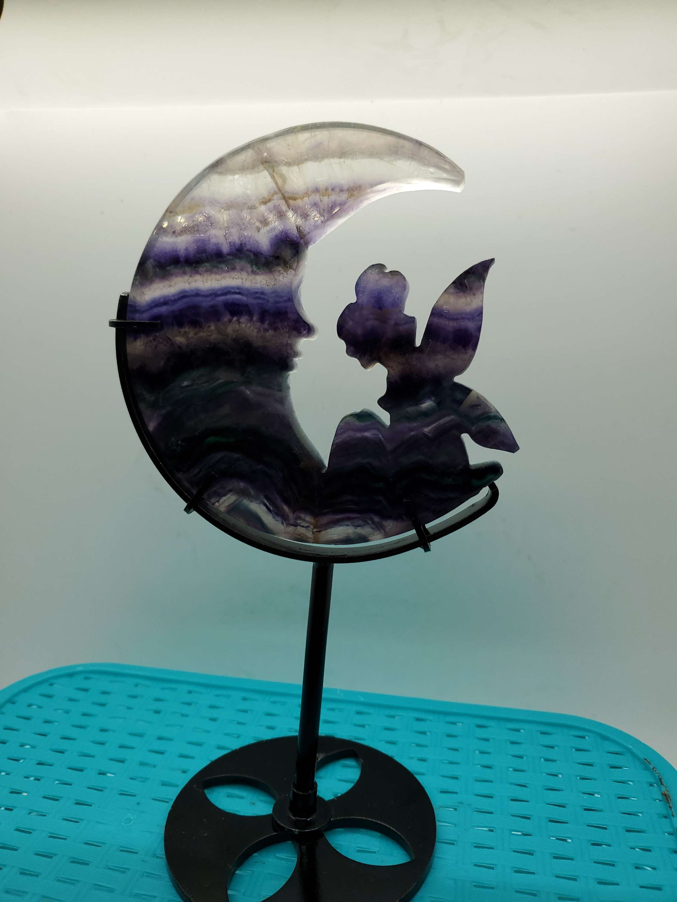 Gorgeous fluorite fairy on moon carving with stand