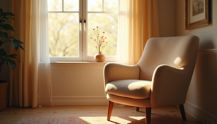 Eye-level view of sunlight streaming through a window onto a cozy armchair with a soft blanket