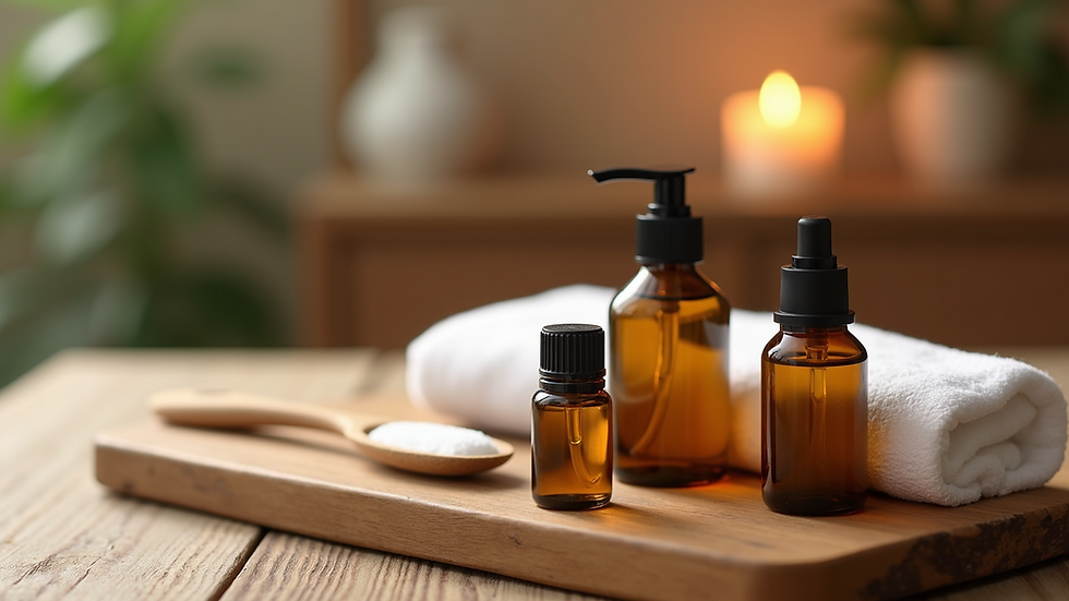 Eye-level view of massage oils and tools on wooden table