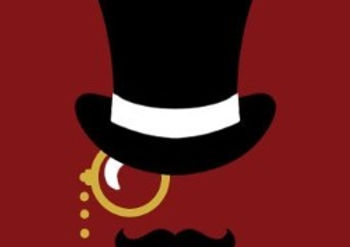 A black top hat with a monacle on a red background. There is a monacle under the hat, as if the hat is scrutinising the viewer.