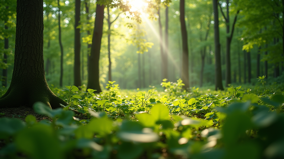 Eye-level view of a lush green forest with sunlight filtering through the leaves