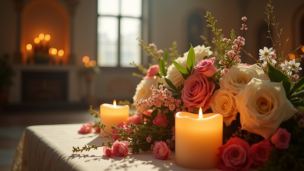 Eye-level view of a peaceful altar decorated with flowers and candles