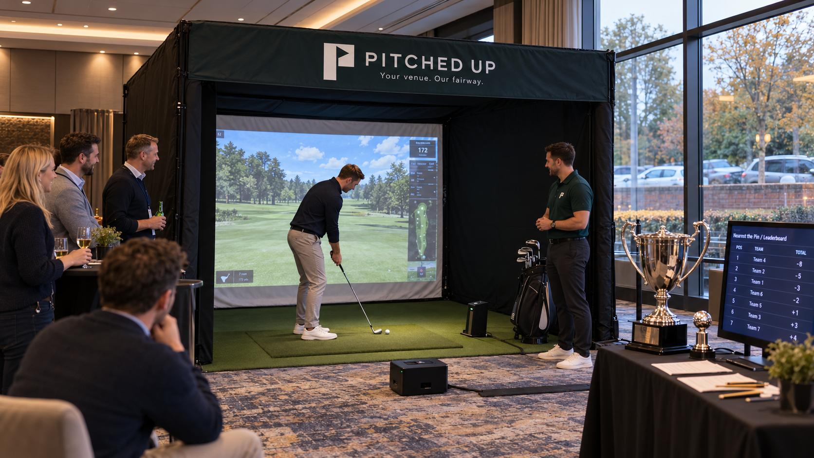 Pitched Up team golf tournament with trophy and leaderboard