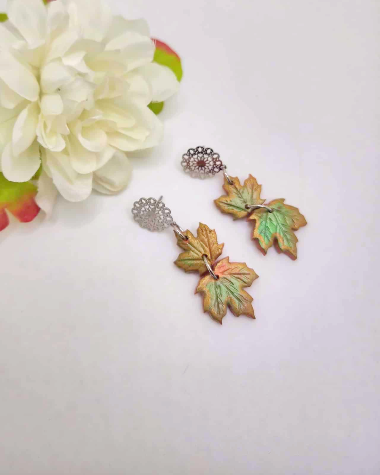Polymer Clay Double Leaf Fall Stud Earrings