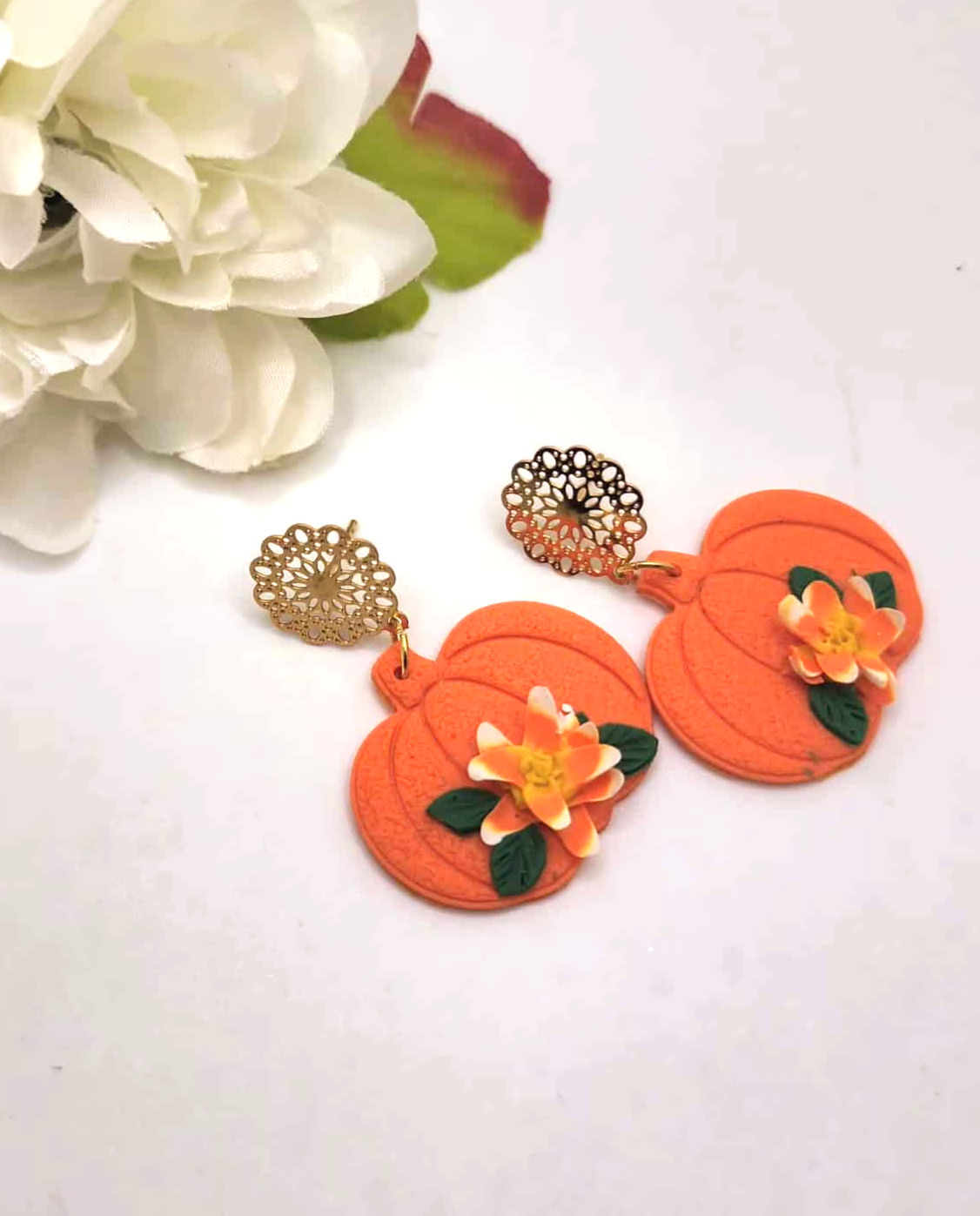 Polymer Clay Pumpkin Earrings Orange Candy Corn Flowers