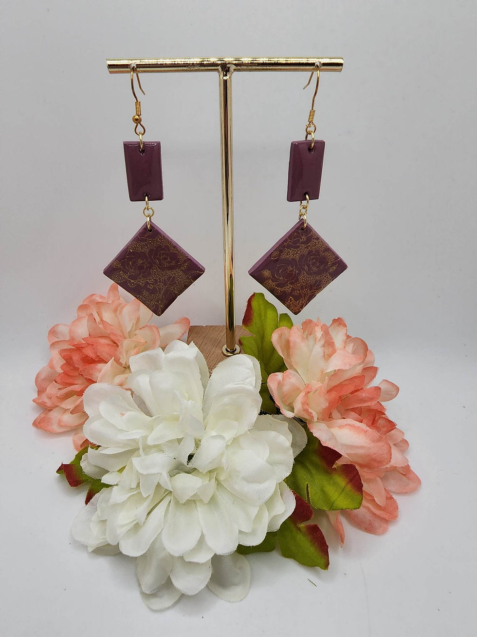 Purple handcrafted polymer clay earrings with gold accents