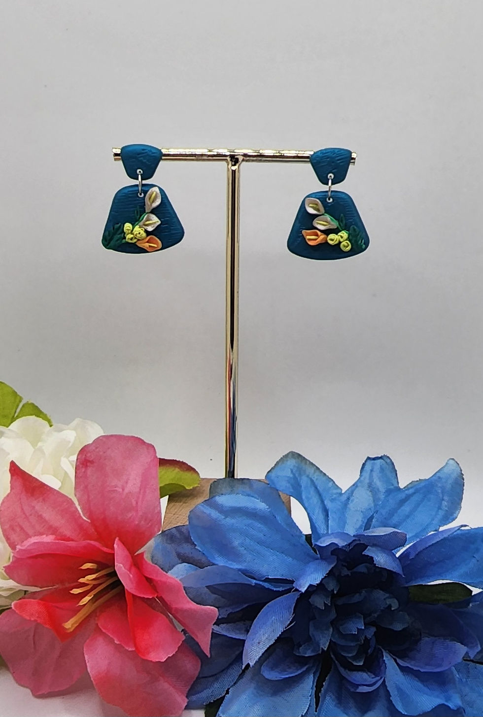 Teal handcrafted floral earrings