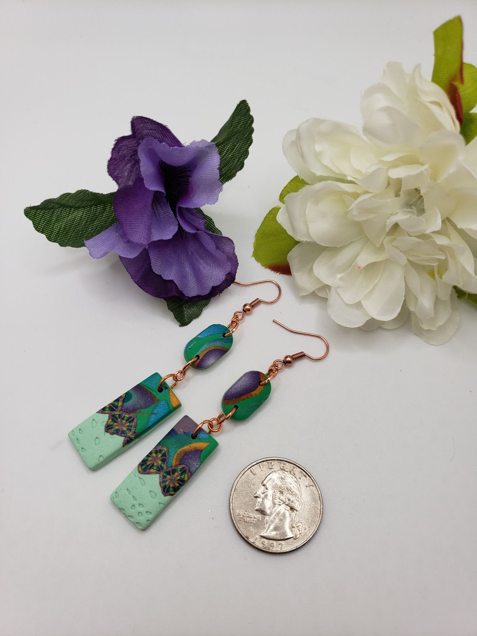 Handcrafted multicolor earrings, green and purple polymer clay, copper wire