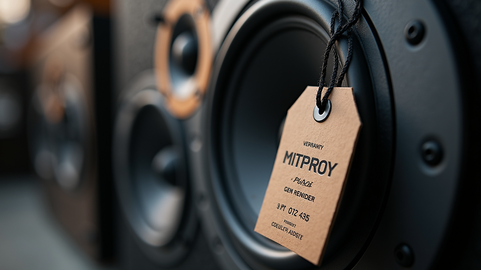 Close-up view of a refurbished audio speaker with a warranty tag