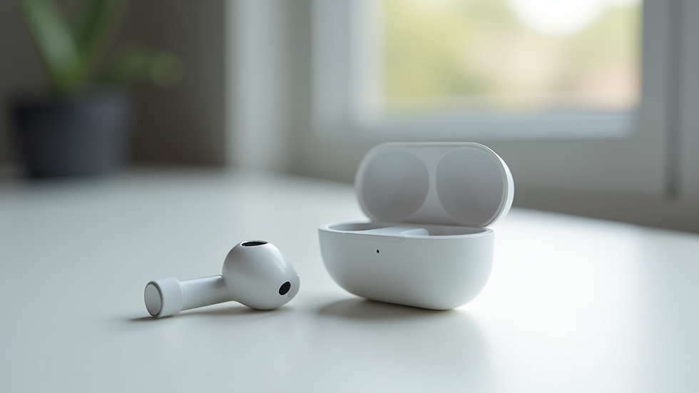 Close-up view of a budget wireless earbud on a white surface