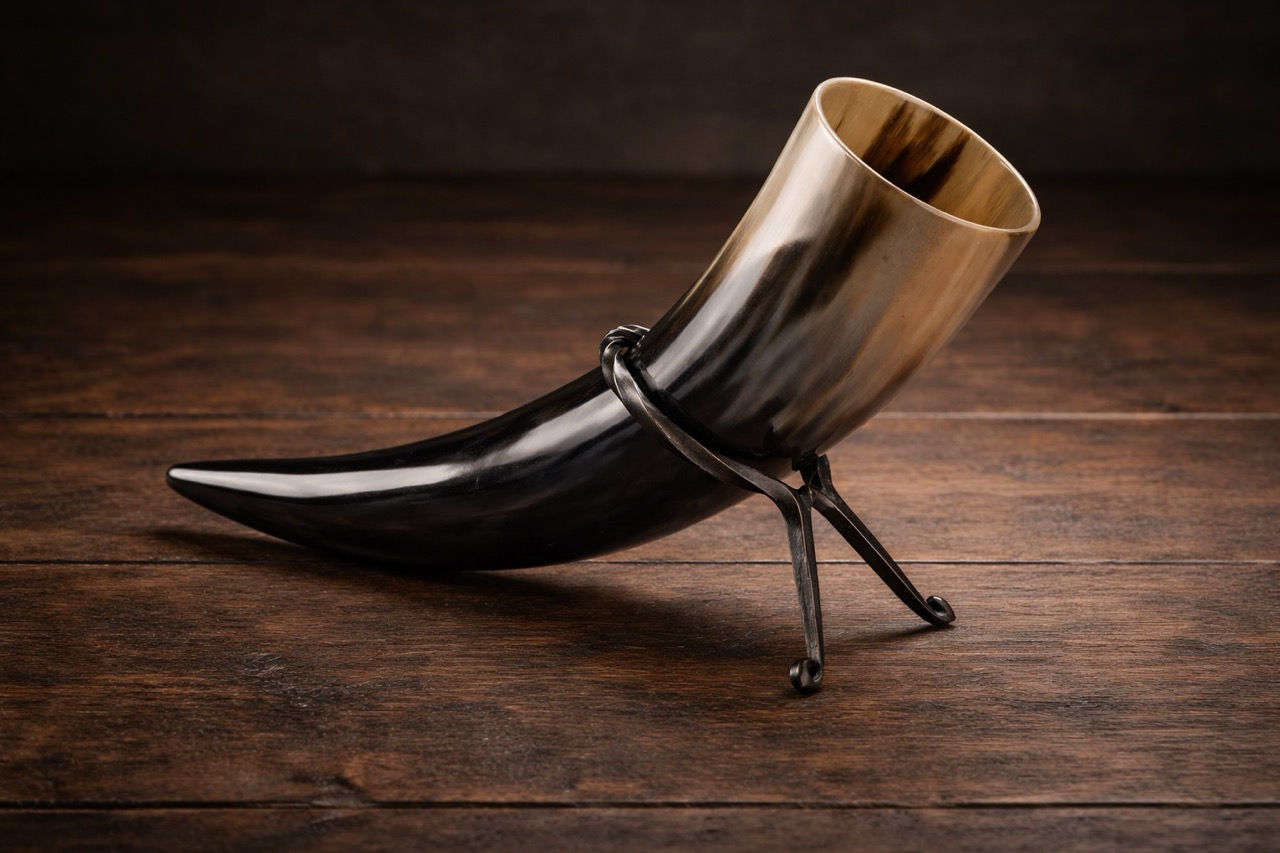 Viking Drinking Horn Set — Large Horn, Iron Stand & Adjustable Belt Holster