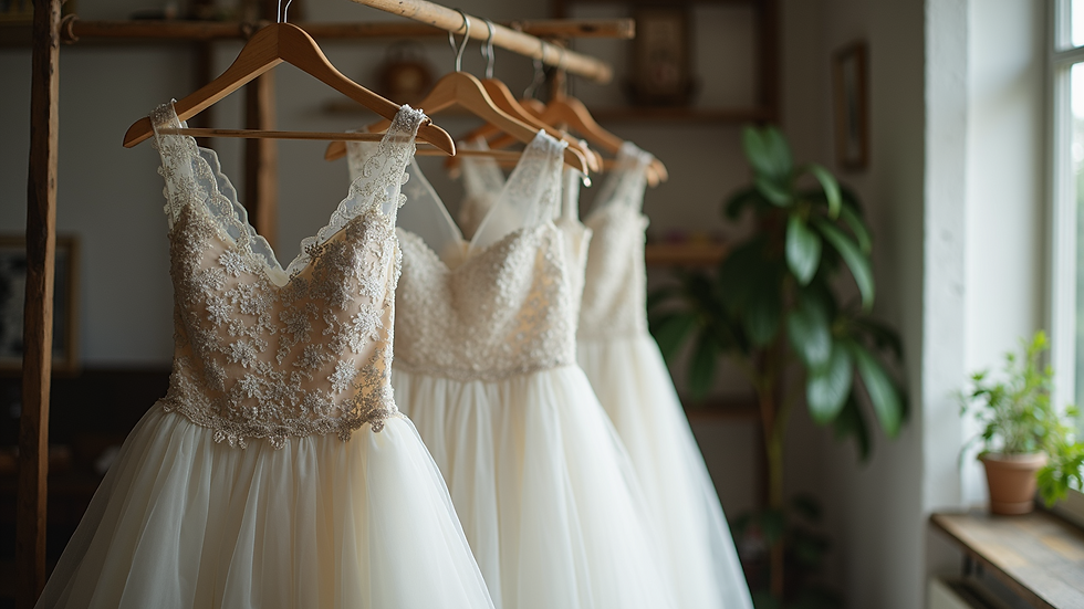 Eye-level view of a beautiful wedding dress hanging on a vintage rack