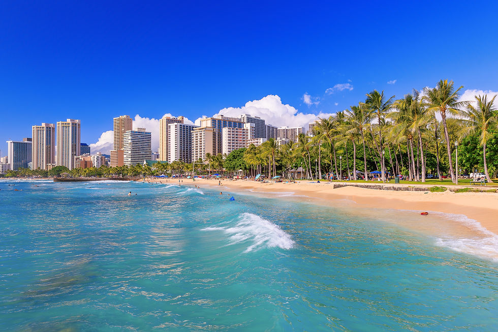 Skyline of Honolulu, Hawaii and the surrounding area including the hotels and buildings on