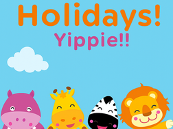four smiling little cartoon animals are jumping up happily with a blue background, the writing on the picture says: Summer Holidays! Yippie!!