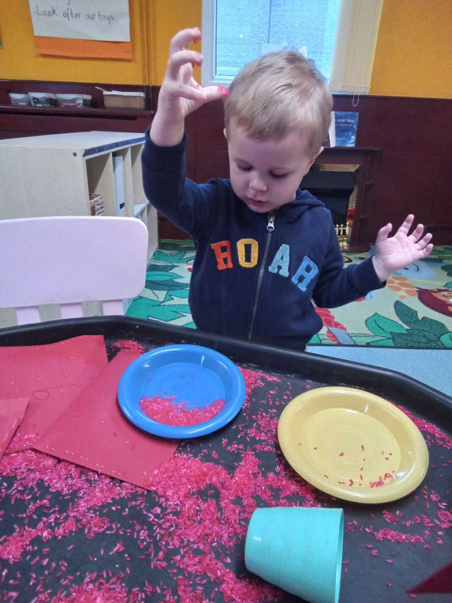Little blonde haired boy is sprinkling red rice onto a builders tray as part of a creative activity.