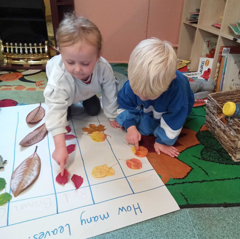 two young children a looking at colourful autumn leaves that they placed on a big chart on the floor, the chart has a writing on the top saying: How many leaves?