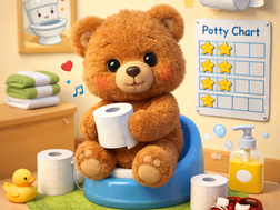 cute teddy sitting on a potty