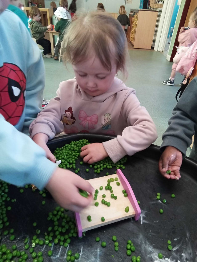 a little girl is putting green peas on dolls house bed over a black tray
