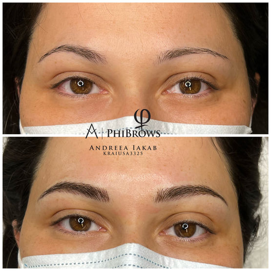 woman with uneven eyebrows and the same woman after 
 microblading