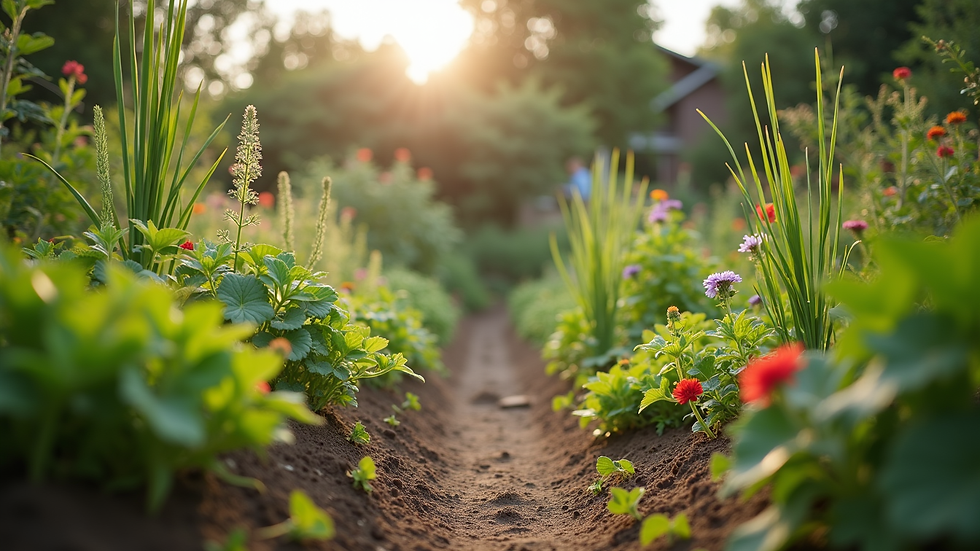 Eye-level view of a community garden flourishing with diverse plants