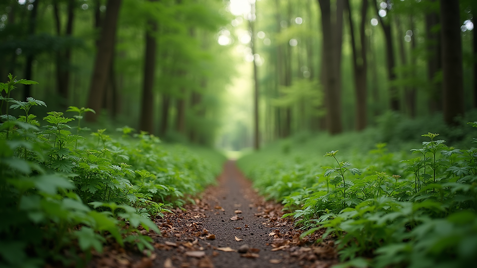 Eye-level view of a forest trail surrounded by healthy green vegetation