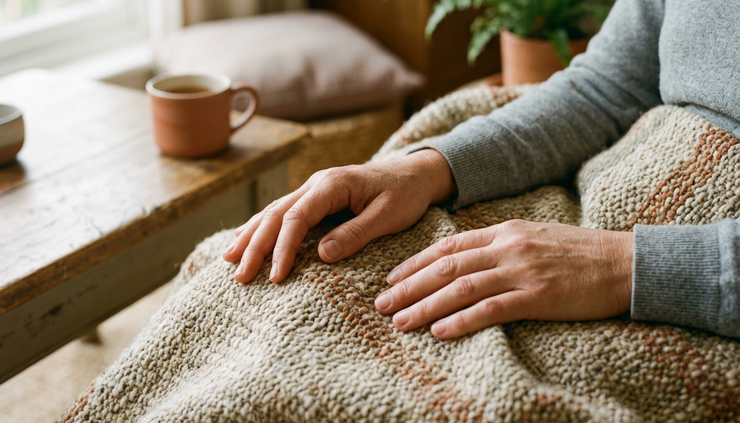 Close-up view of relaxed hands resting on a blanket after a body-based practice.