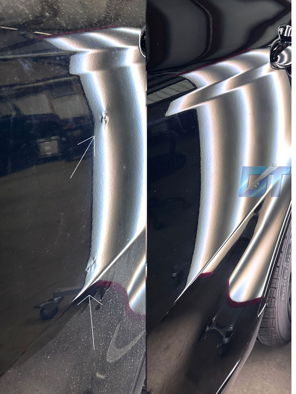 Example of dent repair attempted by an unskilled technician. This vehicle was then brought to Dent Tech of Monroe, where we were able to correct the damage, albeit resulted in a more time consuming and costly repair than the original dent would have been. 