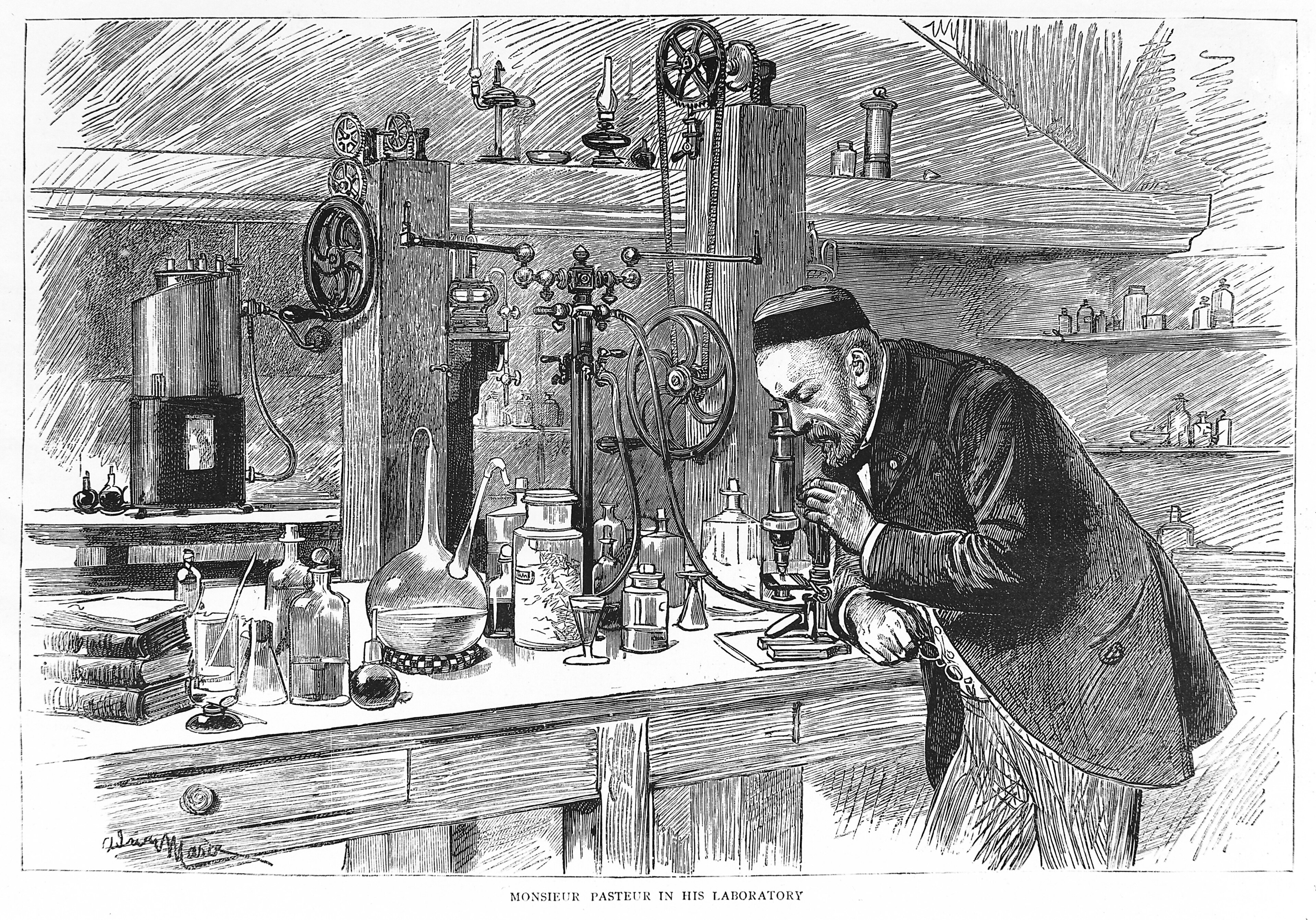 Louis Pasteur in his laboratory using a microscope
