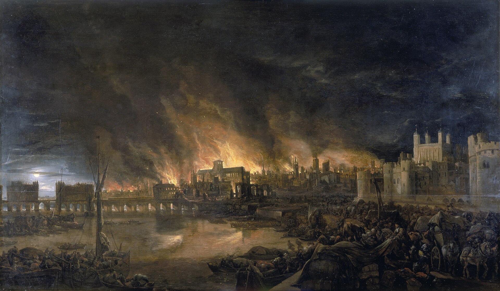 A historical painting of the Great Fire of London