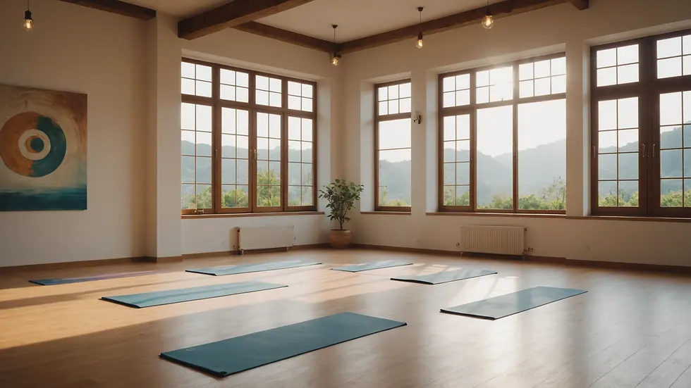 Eye level view of a calming yoga space with natural light