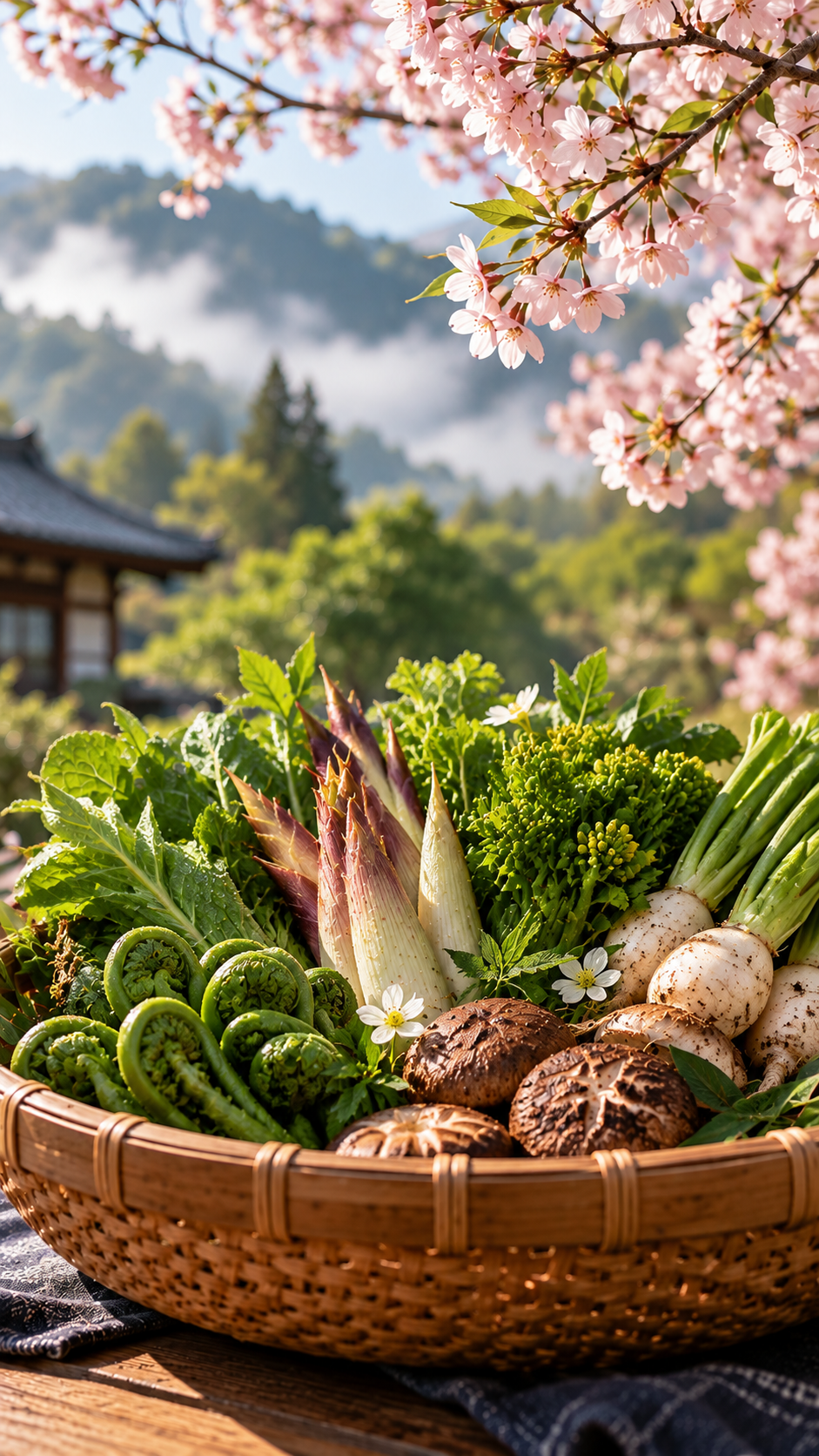Seasonal Japanese ingredients at PHUTAWAN, featuring fresh vegetables arranged in a woven basket with cherry blossoms and mountain views.