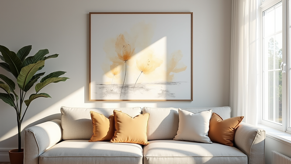 Eye-level view of a beautifully framed watercolor painting hanging on a living room wall
