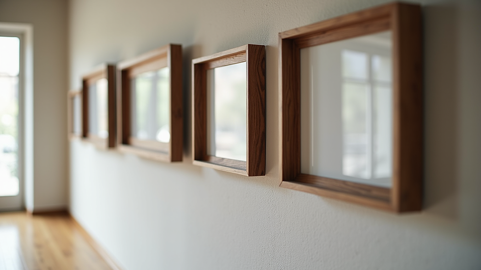 Eye-level view of a selection of high-quality wooden and metal frames displayed on a wall