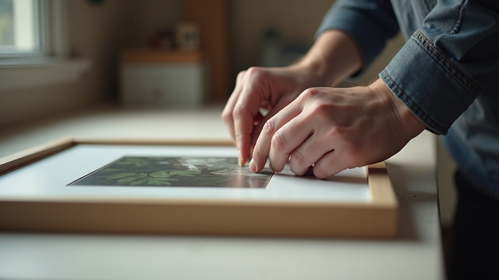 Close-up view of a framer’s hands assembling a custom frame