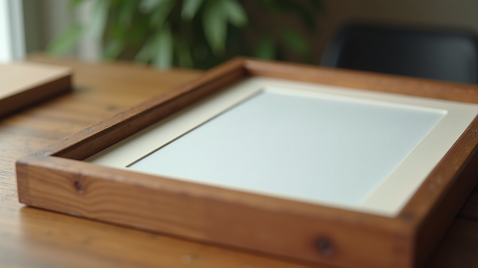Eye-level view of a wooden frame with UV-protective glass and acid-free matting