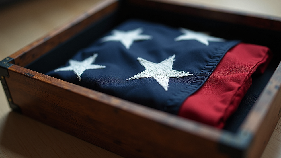 Eye-level view of a shadow box containing a folded flag and military patches