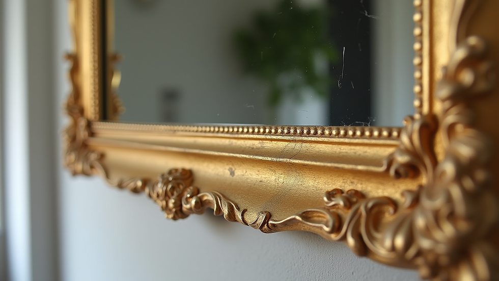 Close-up view of a custom mirror frame with intricate gold leaf detailing