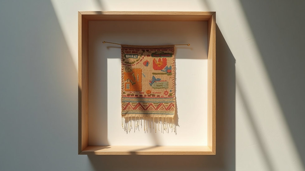 Eye-level view of a shadow box frame displaying a vintage textile