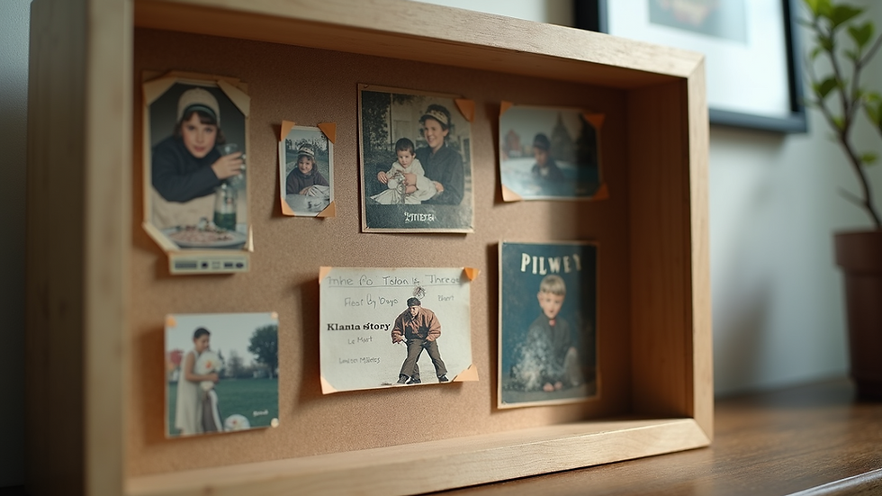 Close-up view of a shadow box frame showcasing layered memorabilia