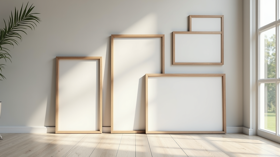 Close-up view of a gallery wall featuring various custom frames in different sizes and finishes