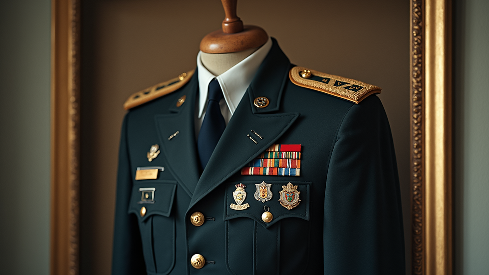 Eye-level view of a framed military uniform with medals and insignia