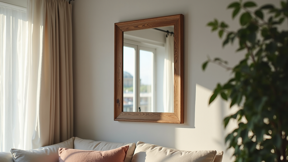 Eye-level view of a rustic wooden framed mirror hanging on a cozy living room wall