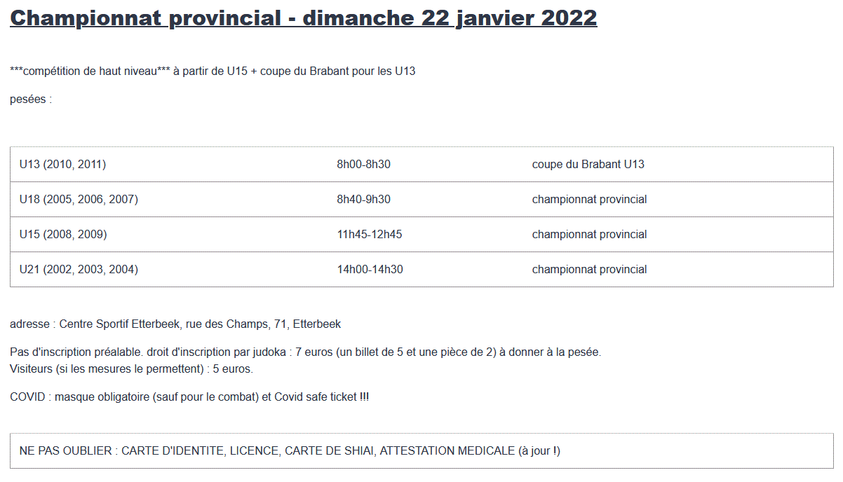 Championnat de Brabant 2022 (U15 - U18 -U21) le 22 janvier + coupe de Brabant U13