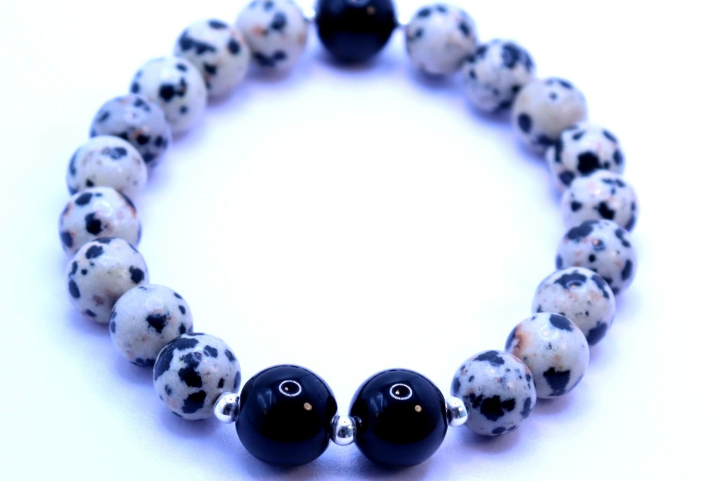 Bracelet Homme, Jaspe Dalmatien et Onyx avec 925 Argent (16cm)