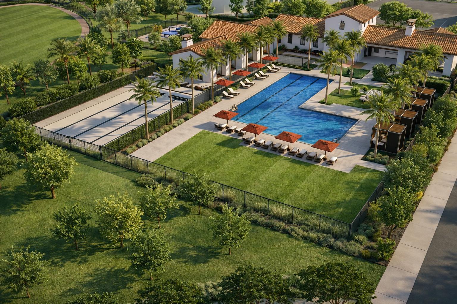 AI Nexus Render result: the same resort in realistic light, with trees and lawns