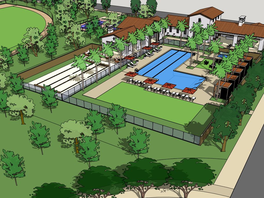 SketchUp model of a resort with a pool, courts and lawns, seen from above