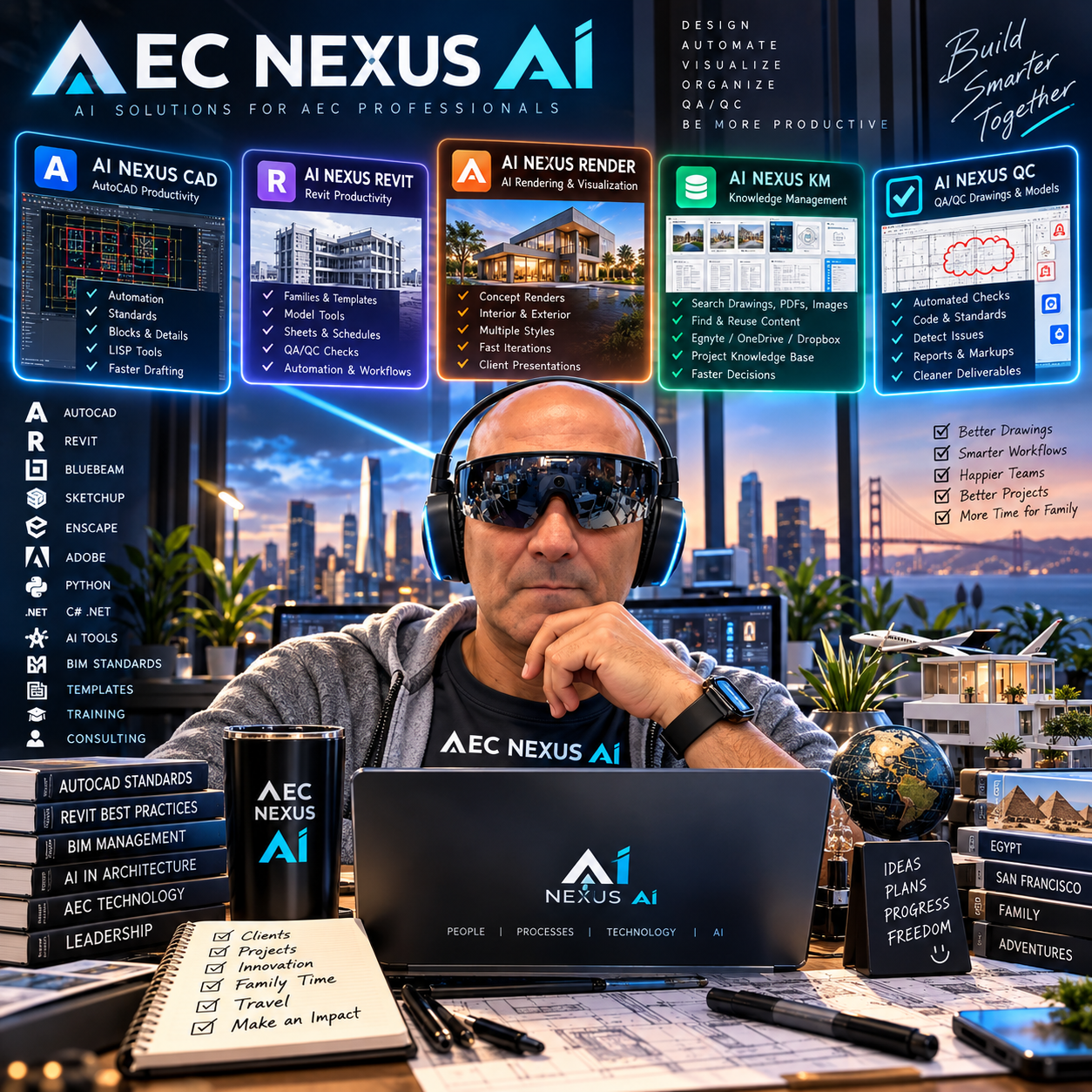 Kevin Mukbel wearing smart glasses at his AEC Nexus workstation, exploring immersive technology
